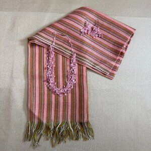 Pink Gold And Green Scarf And Pink Beaded Stone Earrings And Necklace Accessory